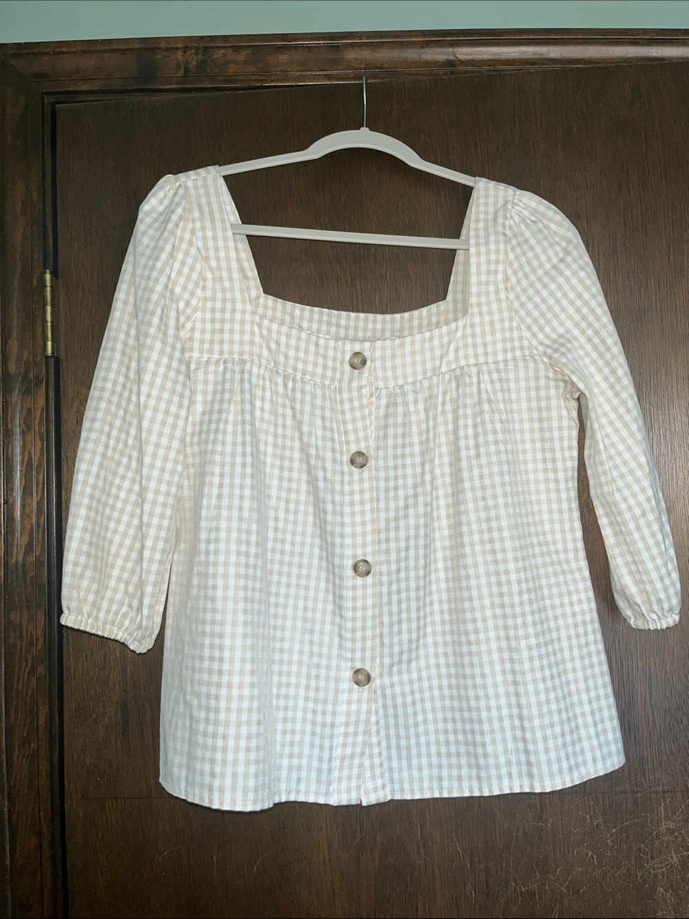 Sunny Leigh Beige Gingham Square-Neck Button Front Top